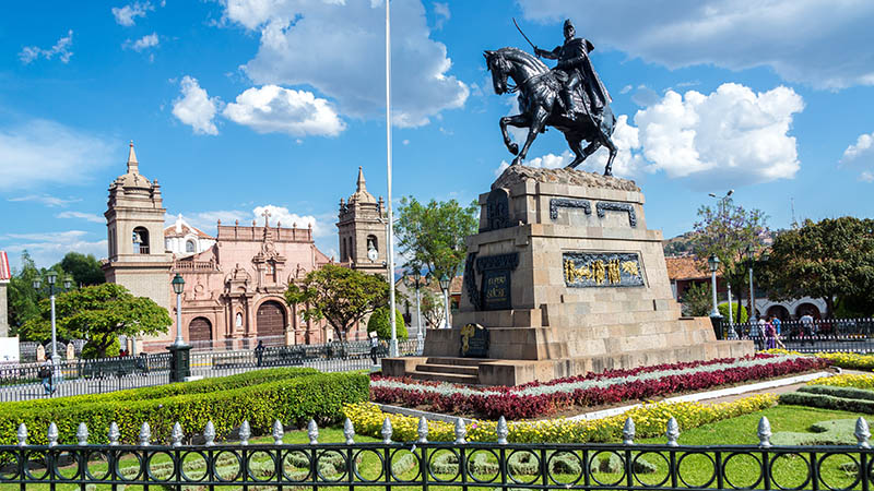 The,Plaza,De,Armas,With,The,Cathedral,In,The,Background The Plaza de Armas with the cathedral in the background in Ayacucho, Peru